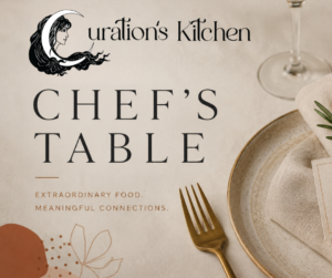 Chef’s Table dining experience at Curations in Hendersonville NC with elegant table setting and chef-prepared cuisine.